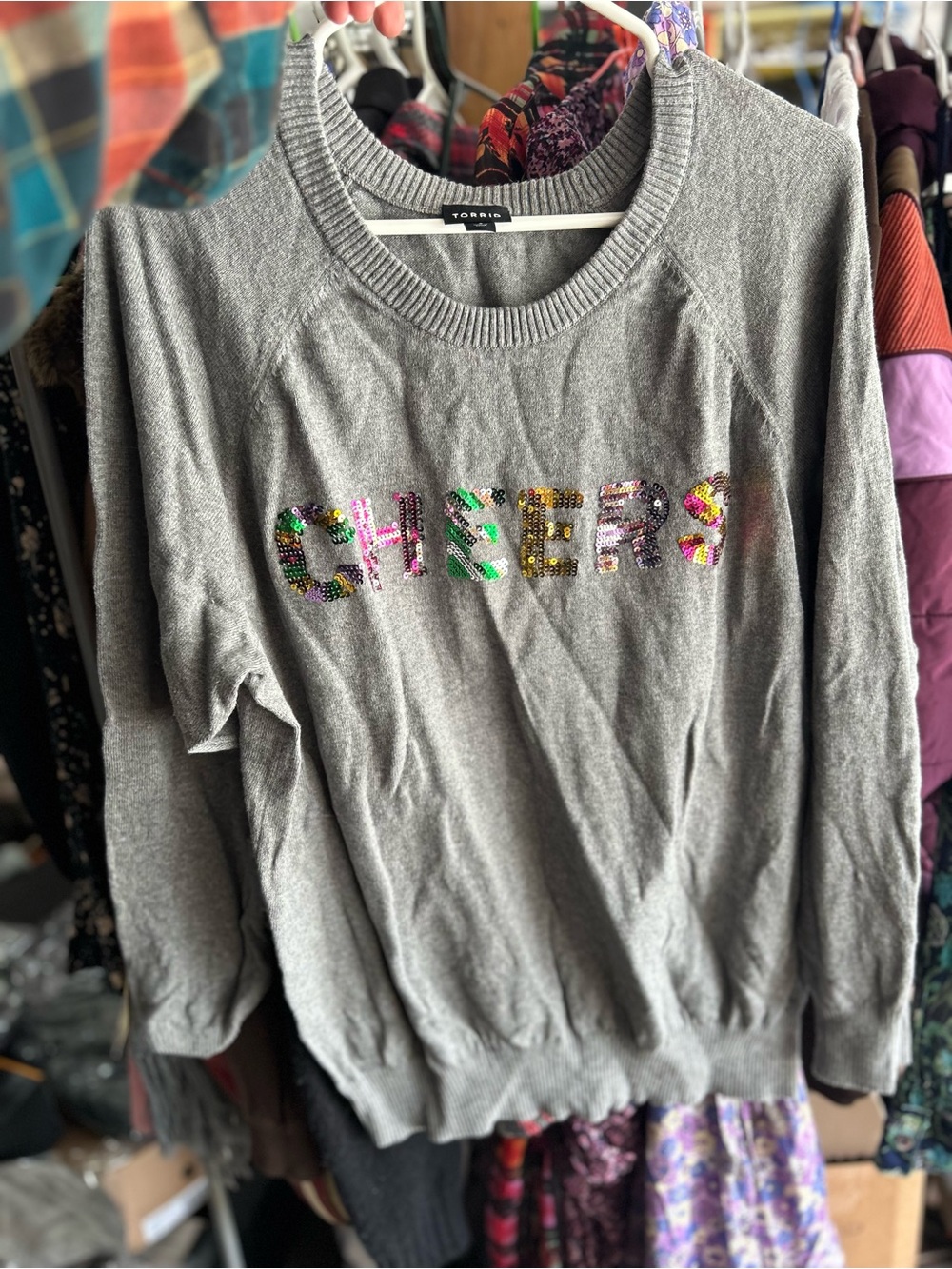 Torrid Gray 'Cheers' Sequin Crewneck Sweater perfect condition needs dewrinkled
